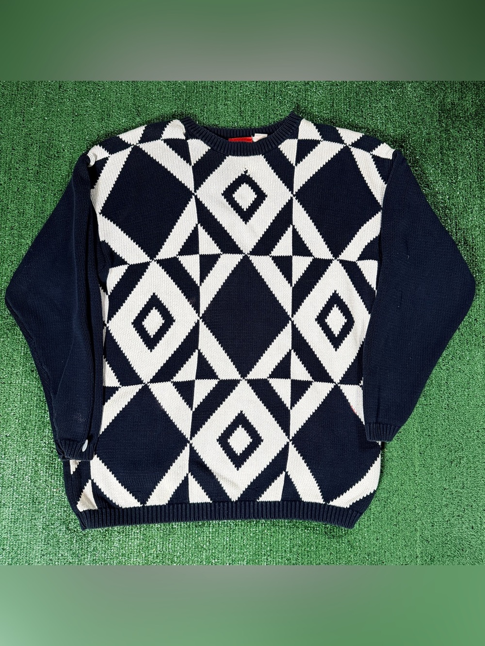 Women’s Liz & Co Geometric Knit Sweater Size Small Navy Cream Cotton